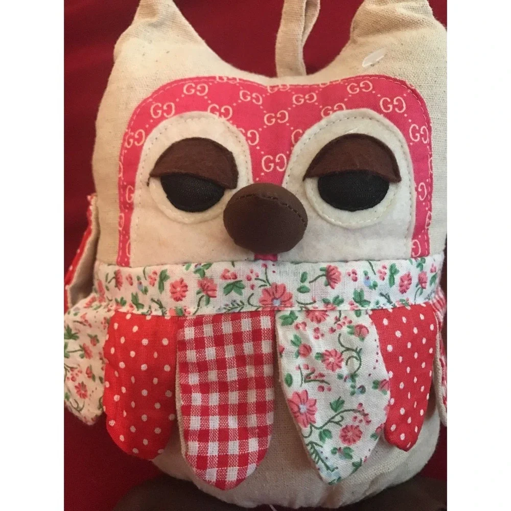 Handmade Owl Doorstop Plush Red Gingham Polka Dot Floral GG Print Decorative